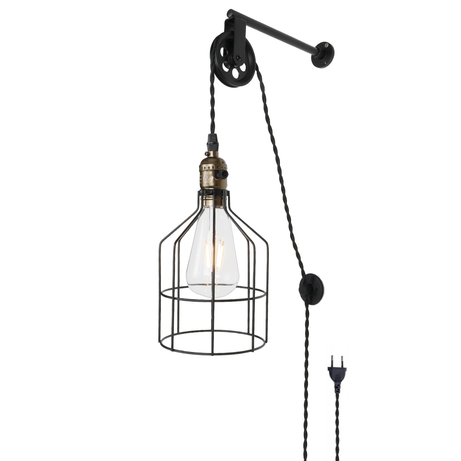 Lámpara Colgante de Pared con Cable, Enchufe e Interruptor, Diseño Vintage Industrial con Jaula y Polea Altura Ajustable, E27 Metal Negro