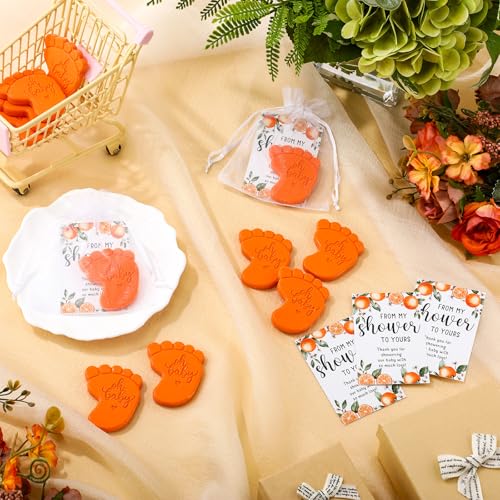 Image of 50 Sets Baby Shower Soap Favors for Guests - Mini Handmade Footprint Scented Soap with Thank You Cards and Organza Bag, Party Gifts for Gender Reveal Baptism(Tangerine,Orange)