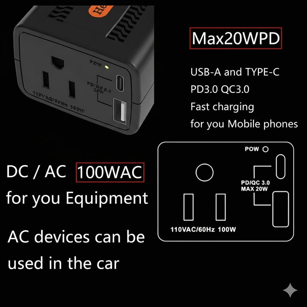 HearGrow 100W Car Power Inverter DC 12V to 110V AC Converter, Car Outlet Adapter with 5V USB Charging Port, Mini Cigarette Lighter Plug for Laptop, Tablet and Mobile Phones, Black