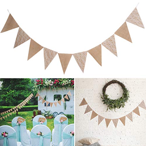 Burlap Chic Lace Jute Banner, DIY Decoration Vintage Triangle Bunting 12 Pcs Flag Cloth for Wedding Birthday Party Baby Shower Home Decor 3M/9.84Ft