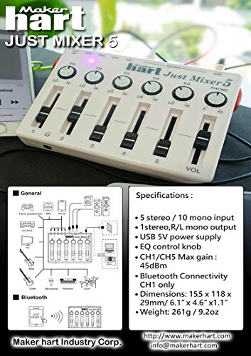 JUST MIXER 5 with Bluetooth Input & USB Audio Output - Compact USB Powered Stereo Desktop Mixer with 5 In (3.5mm / Bluetooth on CH1) and 3 Out (3.5mm / RCA/USB)