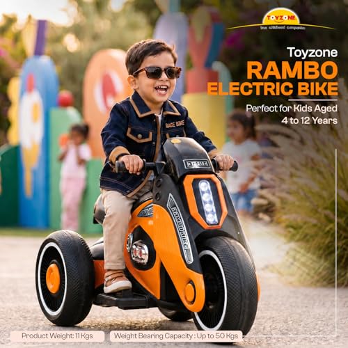 Image of Toyzone Rambo Electric Bike (Orange) |12V Rechargeable Bike for Kids with 4.5Ah Battery | LED Lights, Music, MP3| Smooth Acceleration | 6M Battery Warranty | for Big Kids Age 4-12 Years, Up to 35kg