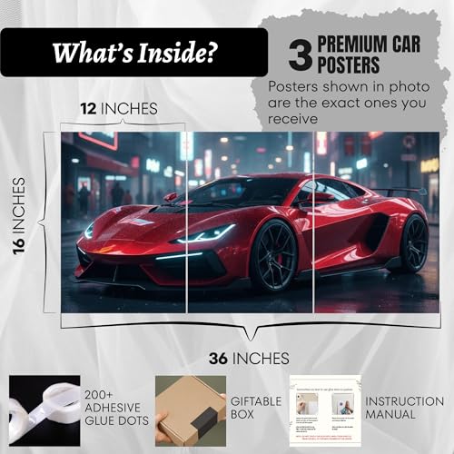 Image of BeauKraft Supercar Racing Poster Set for Wall - 3 Panel Split Posters (12x16 inches each, Unframed), Sports Car Wall Art Decor for Boys Room, Living Room, Garage & Men's Bedroom (Red)