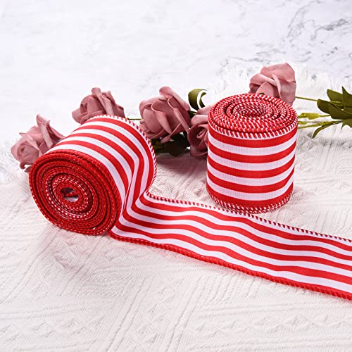 2 Rolls Red And White Striped Wired Ribbon For Gift Wrapping/Crafts/ Christmas Tree/Wreaths/Bow Decorations, 2-1/2" Wide X 6 Yards #TOP2