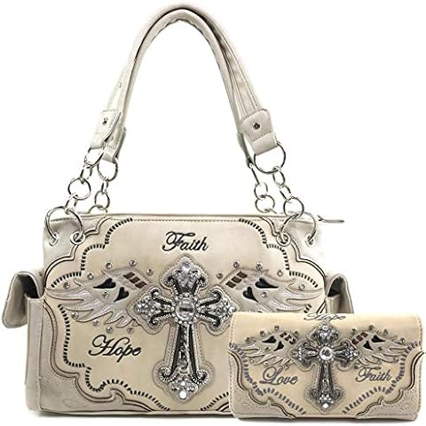Zelris Faith Love Hope Cross Angel Wing Women Conceal Carry Handbag Wallet Set (Beige) Cover