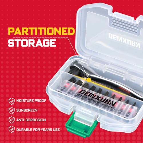 Image of Geinxurn 22pieces Ratchet & Bit Driver Set, Magnetic S2 Steel 1 inchInsert Bits Tips with Base,Impact Bit Holder and Mini Wrench with Storage Box