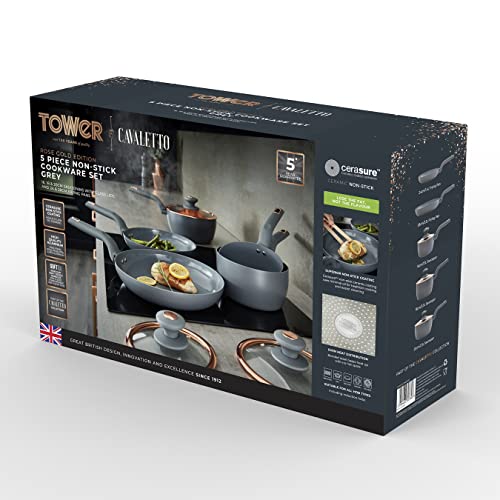 Tower T800232GRY Cavaletto 5 Piece Cookware Pan Set with 16cm, 18cm, 20cm Saucepans and 24cm, 28cm Non-Stick Frying Pans, Grey & Rose Gold - Image 9