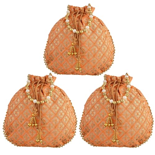 Best bridal handbags for women — Kuber Industries peach silk wedding potli bag pack of three
