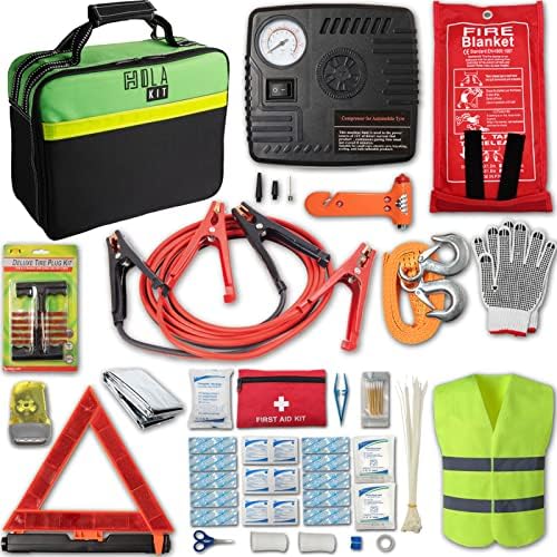 HolaKit Premium Car Roadside Emergency Assistance Kit, Auto First Aid Emergency Kit, Heavy Duty Jumper Cables Car Kit, Car Safety Kit, Road Trips Essentials for Women with Air Compressor, Fire Blanket