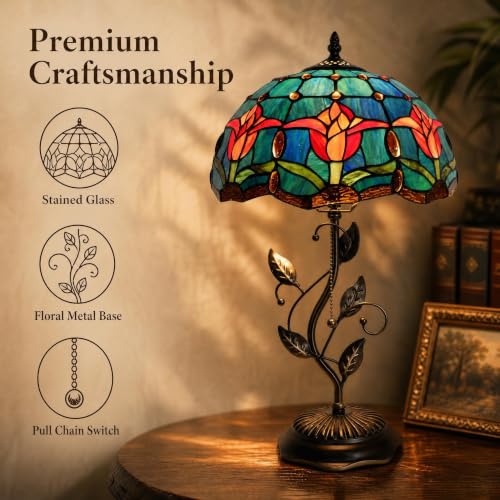 Image of Tiffany Table Lamp Stained Glass Bedside Reading Light W12H19 inch