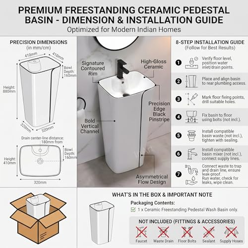 Image of InArt Ceramic Pedestal Wash Basin - Square Free Standing, Glossy White & Black,17x14x34 Inch, Easy Install for Modern Bathrooms (Black 2)