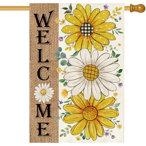 Baccessor Spring House Flag 28 x 40 Inch,Yellow Daisy Sunflower Floral Double Sided Burlap Welcome Large Yard Flag Seasonal Holiday Lawn Proch Outdoor Outside Decor