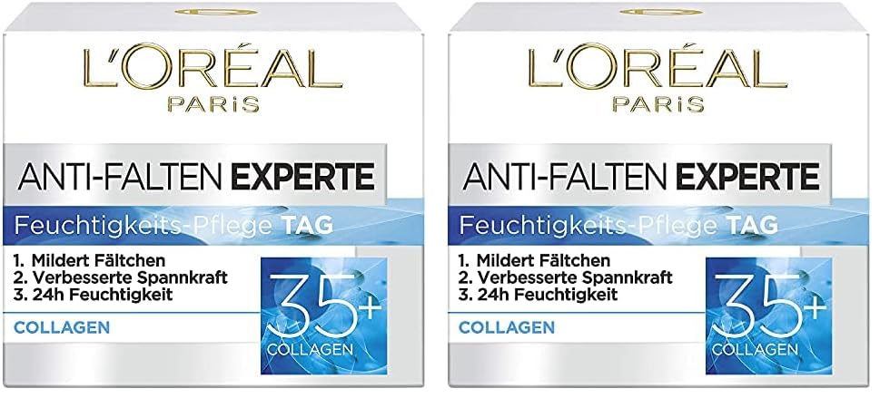 L'Oréal Paris Feuchtigkeitspflege für das Gesicht, Pflegende Anti-Aging Creme mit Kollagen Biosphären, Mildert Fältchen und spendet 24H Feuchtigkeit, Anti-Falten Experte 35+, 1 x 50ml (Packung mit 2)