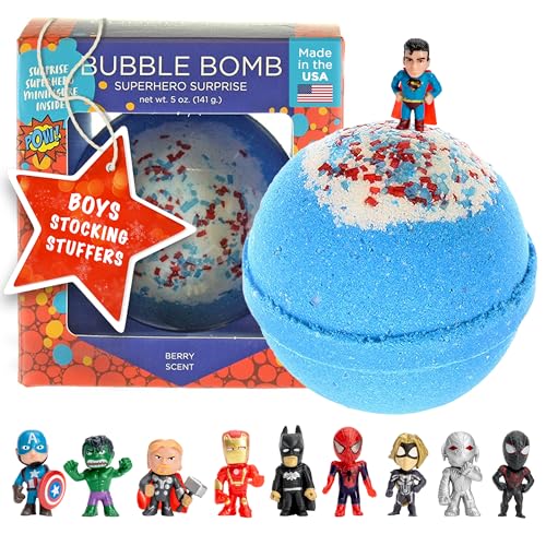Superhero Bath Bombs for Kids & Boys with Surprise Hero Toys Inside (1 Pack) - Large Bubble Bath Bombs for Boys & Girls - Children Gift & Boys Stocking Stuffers - Fruity Scent, USA Made by Two Sisters