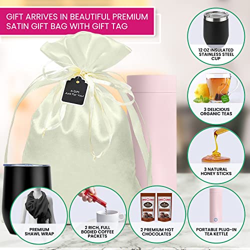 Gift Set For Women With Portable Kettle, Organic Herbal Tea, Honey, Hot Cocoa, Coffee And Pashmina Shawl | Birthday Gift Basket For Friendship, Self-Care Package, Teacher, Mom #TOP2