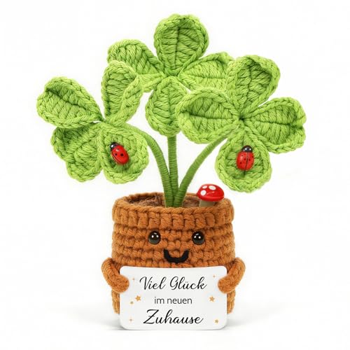 HUKUMA Einzugsgeschenke Wohnung Einweihungsgeschenk Wohnung Viel Glück im Neuen Zuhause Glücksbringer Gestrickte Vierblättriges Neues Zuhause Neues Haus Neue Wohnung Hauskauf Geschenke