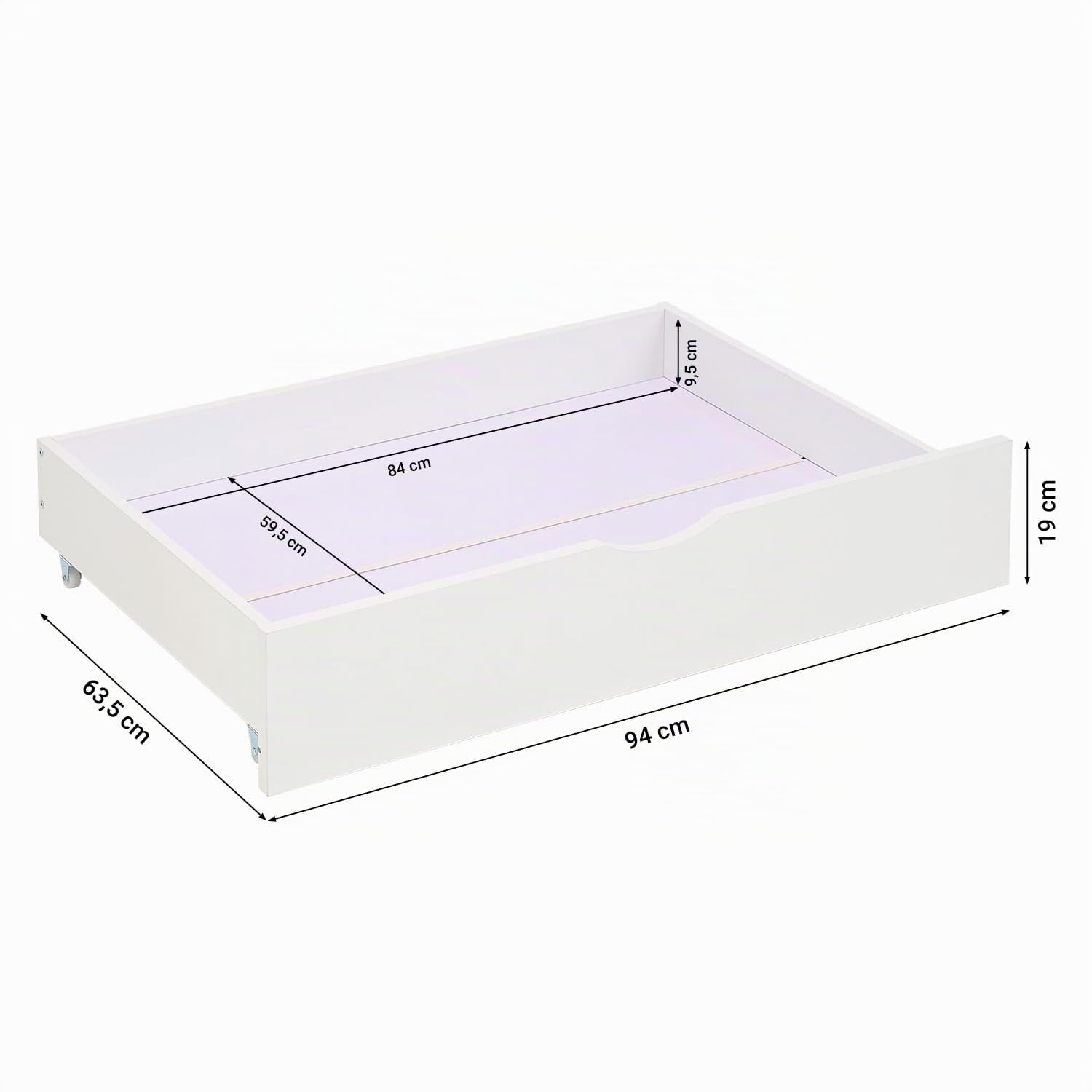 Homestyle4u 2er Set Bettkästen mit Rollen Weiß - Kiefer Bettschubladen | Stabiler Unterbettkasten aus Massivholz, 94x19x63,5 cm, für Etagenbetten, Stauraum für Bettwäsche & Spielzeug