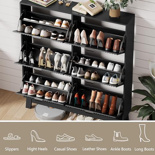 Image of HUANLEGO Shoe Cabinet Storage for Entryway with 6 Flip Drawers, Fluted Narrow Shoe Organizer with Wooden Legs, Freestanding Slim Shoe Storage Hidden Shoe Rack Organizer for Front Door Entrance, Black