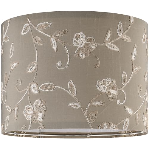 Creme Fabric Drum Lamp Shade with Embroidered Leaf Trim 13