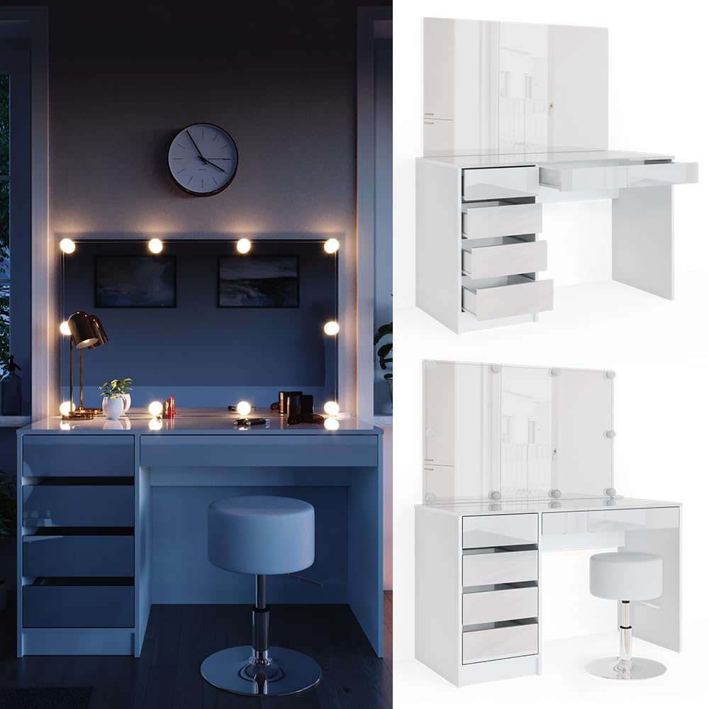 Vicco Schminktisch Sherry, Weiß, 120 cm | mit LED Beleuchtung und Hocker, geeignet zur täglichen Nutzung mit stabilem Untergestell
