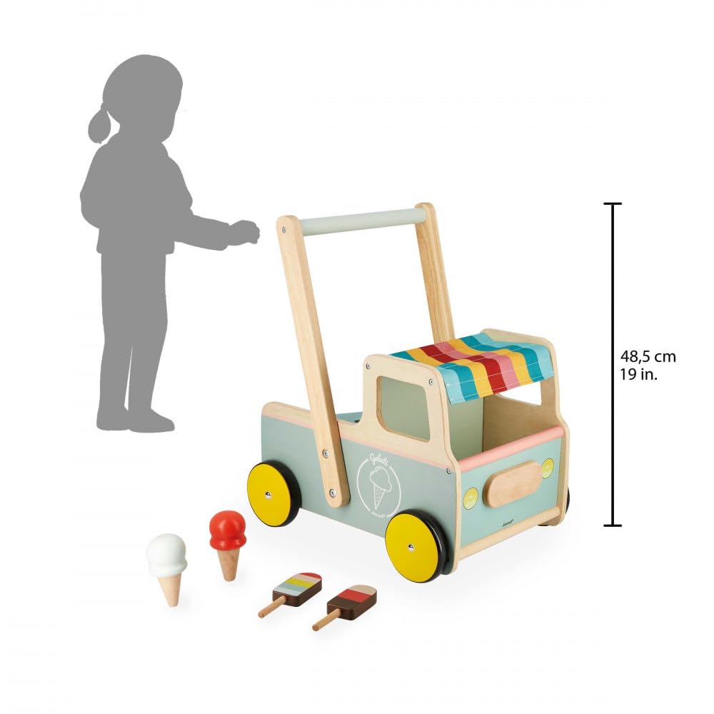 Janod Carrito Andador de Madera Heladería-4 Helados-Ruedas Silenciosas-Sistema Antivuelco-Certificado FSC-Pintura al Agua-A Partir de 1 Año, J08049, Multicolor