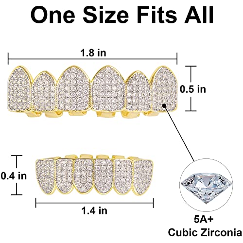 Dunchaty Diamond Gold Grillz For Men Women Gold Grills For Your Teeth 18K Gold Plated Grillz Hip Hop,Top Bottom Gold Teeth Grillz For Kids With Molding Bars Rapper Costume Cosplay #TOP2
