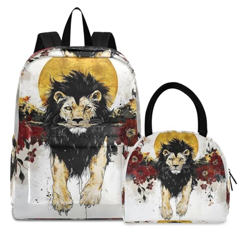 Lion with Wings Print Backpack Set with Lunch Bag, Large Capacity Travel Backpacks and Lunch Box Insulated for Commute Hiking Picnic - Main Image