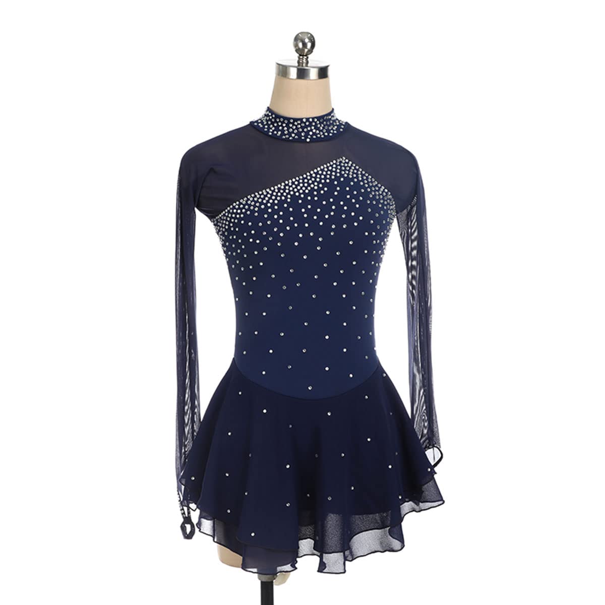 Robe de Patinage Artistique pour Femme Adulte, Jupe de compétition, Strass, col Haut, Manches Longues, Costume pour Fille, entraînement de compétition, athlétisme féminin