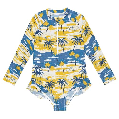 Tropical Palm Trees Girls Long Sleeve Swimsuit UPF 50+ Rashguard Swimwear One Piece Bathing Suit for 3-12 21220712