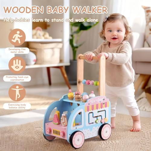 Wooden Baby Walker for Babies 6-12 Month, Ice Cream Cart Toys for Kids, Push Along Walker for Girls Boys, Montessori Educational Wooden Role Play Toys, First Steps Baby Walker with Wheels - Image 3