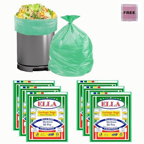 Image of Ella Premium Garbage Bags | Small | 17 x 19 Inches | Green Color | 180 Count | 30 Bags x 6 Packets | Strong & Durable Dustbin Trash Bags for Home, Kitchen & Office | Ideal for Dry & Wet Waste