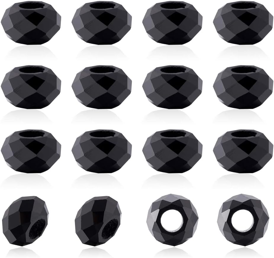 KISSITTY 100pcs Black Glass Faceted European Beads Bulk No Metal Core Rondelle Large Hole Bead AB Color Crystal Bead Round Spacer Beads for Bracelets Necklace DIY Jewelry Crafts Making,Hole: 5mm