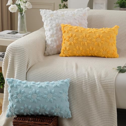 Image of DFXSZ Spring Summer Pillow Covers 12x20 inch Set of 2 Yellow Sunflower | Farmhouse Decor Soft Plush Faux Fur Jacquard Throw Pillow Covers|For Spring Holiday Sofa Home Decor