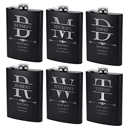 Set of 6, Groomsmen Flask, Personalized Groomsman Gift for Wedding, Customized Engraved 8 oz Hip Flask w Optional Gift Box Custom Steel Stainless Flask for Best Man and Groomsman