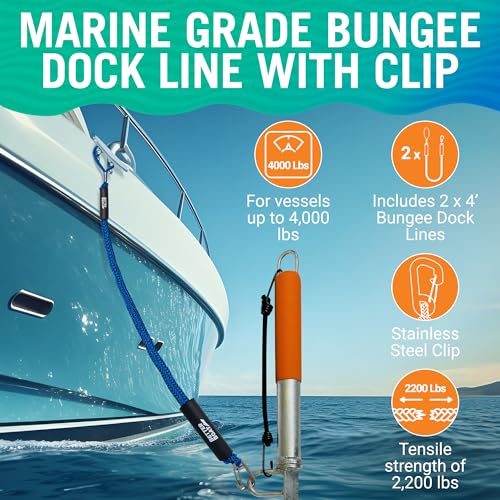 Image of Better Boat Blue Marine Grade Bungee Dock Lines, 2 Pieces, Stainless Steel, 4ft-5.5ft, Elastic Cords & S-Hooks