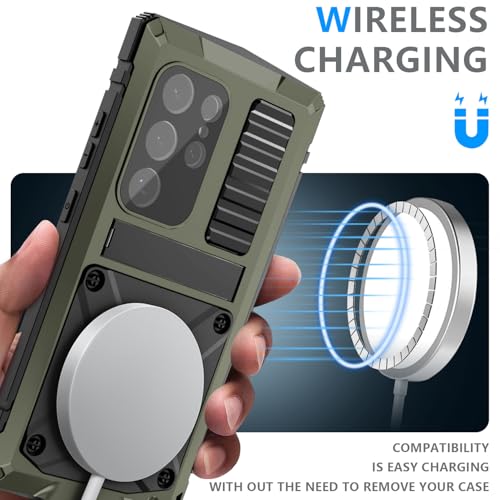 MIYIYQP Compatible for Samsung Galaxy S24 Ultra Metal Case with Stand, Heavy Duty Dust Proof Military Grade Rugged Case, Built-in Screen Protector Camera Protector with Full-Body Bumper Cover (Green)