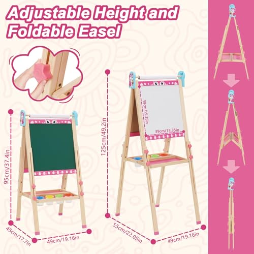 Kinder Staffelei 3 in 1 Maltafel Kindertafel mit Papierrolle, Doppelseitige, Höhenverstellbar Standtafel 95-125cm All-in-One Staffeleien mit 100+Pcs Malzubehör Schultafel fur Kinder ab 3-8 Jahre(Rosa)