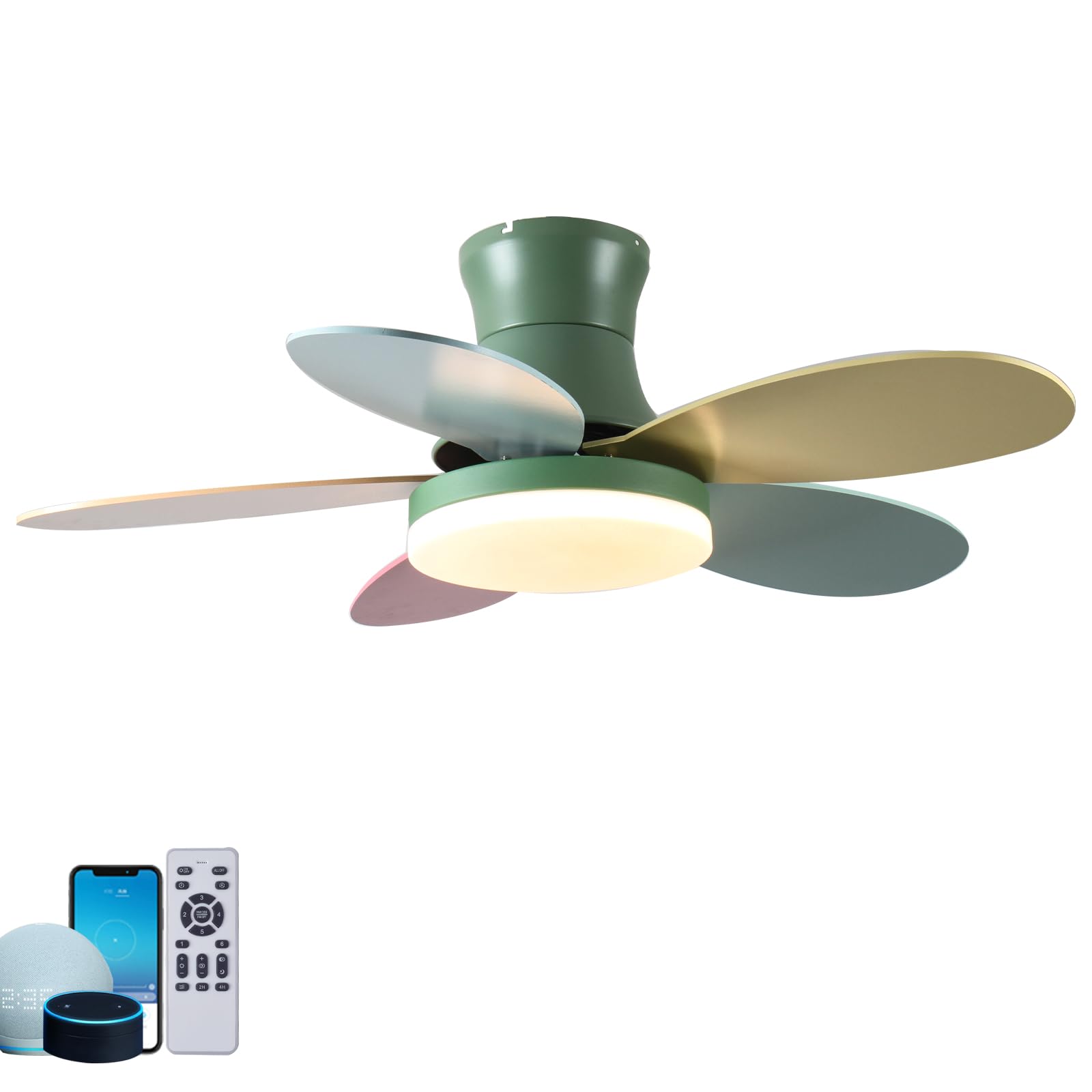 SXDMOUBK Intelligent Voice Ceiling Fans with Lights and Remote 35w Reversible Fan Light Ceiling 6 Speed Children's Room Mute Timer Light Bulb Fan Lde 2600 Lumens 10%~100% Dimmable-B||121cm/48 inch
