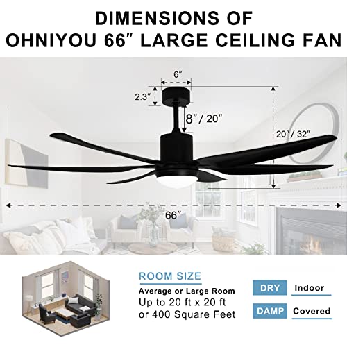 Ohniyou 66''Ceiling Fan With Lights Remote Control, Large Ceiling Fan Black, 6 Blades 6 Speeds Ceiling Fan Light For Outdoor Indoor Patio Living Room Porch Office Garage Shop Factory Warehouse #TOP1