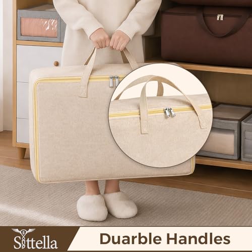 Image of SITTELLA 2 Pack Large Foldable Storage Bags 58 L | Fabric Storage Organizer Box with Zip | Blanket, Quilt & Household Item Storage | Space Saving Storage Container | Beige