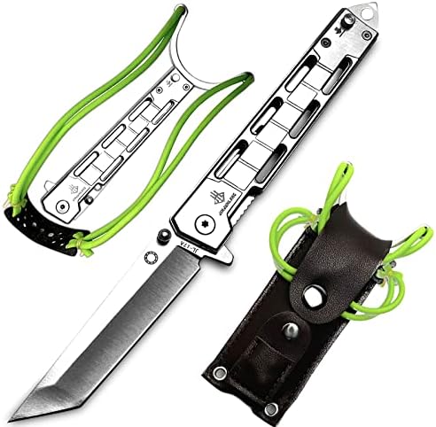 AULAKNIV Cool EDC Tanto Folding Pocket Knife with Clip, Sheath, Slingshot, Tactical Pocket Knives Camping Survival Gear, Gifts for Men (Silver)