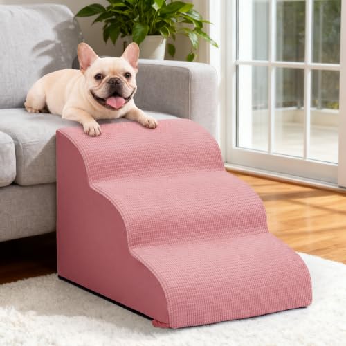 Image of Dog Stairs for Small Dogs, 3-Step Pink Pet Ramp for Couch, Cats & Puppies | Aodisman Elegant Pink Pet Stairs Designed for Small Dogs and Cats, Providing Easy Access with Comfort and Style, 15.7 inch H