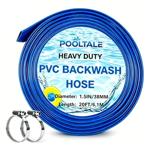 POOLTALE 1.5 x 20 FT Pool Backwash Hose Heavy Duty Reinforced Lay-Flat Sump Pump Hose Discharge Hose with 2 Clamp for Pool Filter Drain Clean Swimming Pools and Filters for Inground Pools