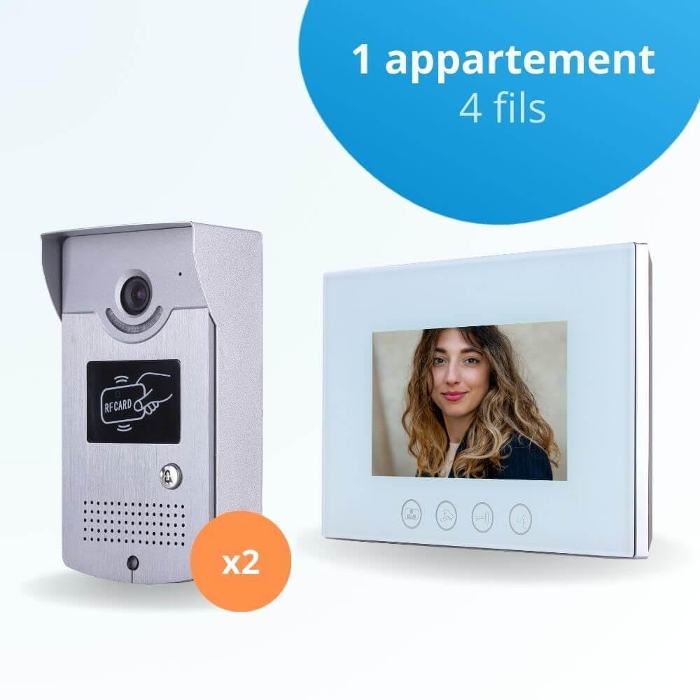Portier interphone vidéo Cards 4 Fils pour 2 entrées - 1 Appartement - 2 platines - 1 écran Blanc 7" - avec mémoire Photos - avec Lecteur de Badge