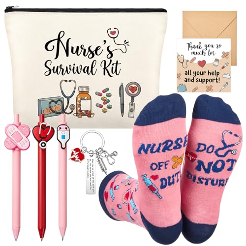 Hestya Nurse Gifts Nurse Appreciation Gift Set with Thank You Card Keychain Cosmetic Bag Cute Socks & Pens for Nursing School Graduate Gift Women Birthday Nurses Week Nursing Student