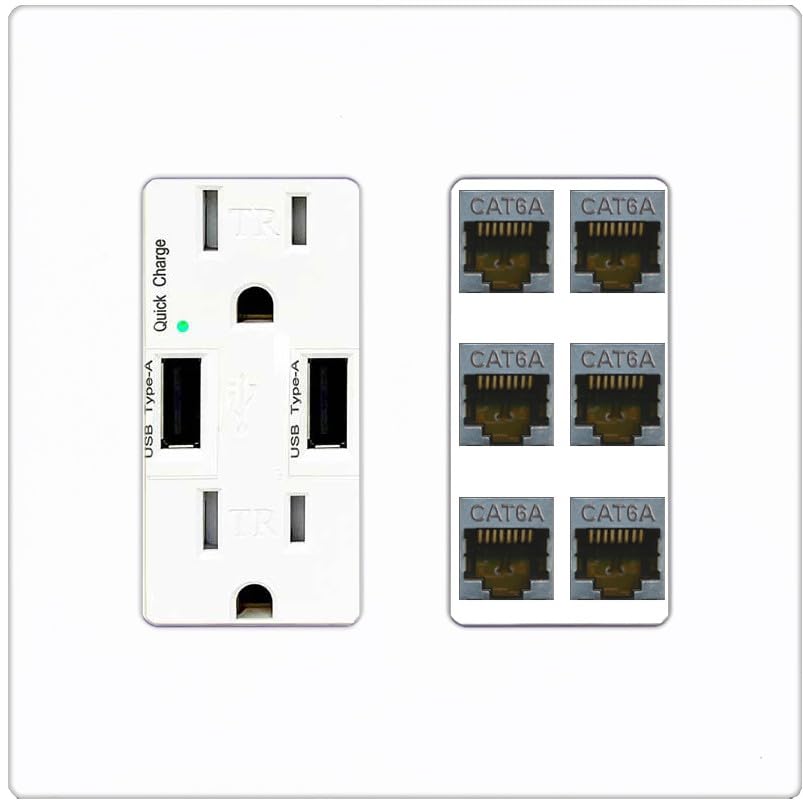 RiteAV - 6 Port Cat6A Ethernet Wall Plate - USB Outlet [White]