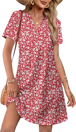 WIHOLL Casual Dresses for Women with Pockets Summer Outfits Wedding Guest Dress v Neck Spring Red Dresses Boho Midi Floral Beach Vacation Clothes Cruise Travel Date Outfits M
