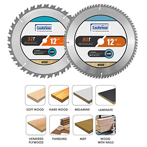 Luckyway 12 Inch Miter Saw Blades 32T General Purpose & 80T Fine Finish with 1 Inch Arbor TCT Saw Blade for Cutting Wood 2-Pack - Thumbnail 5