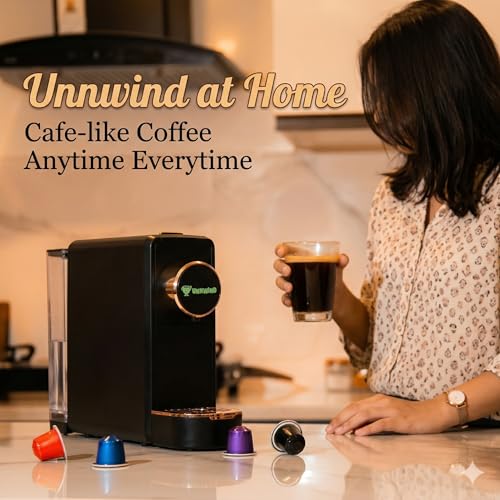 Image of Aura Coffee Pod Machine 19 Bar Espresso Maker, Nespresso Compatible Coffee Machine for Espresso, Cappuccino Coffee, Quick Pod Coffee Maker, Compact Black
