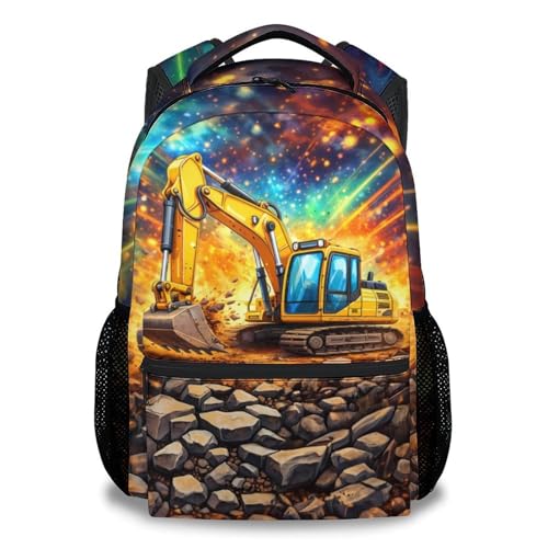 GiftoFLUX Boys Backpack Construction School Bookbag - Excavator Theme Kids Backpacks for Elementary Kindergarten Lightweight Truck Daypack (17 Inch)